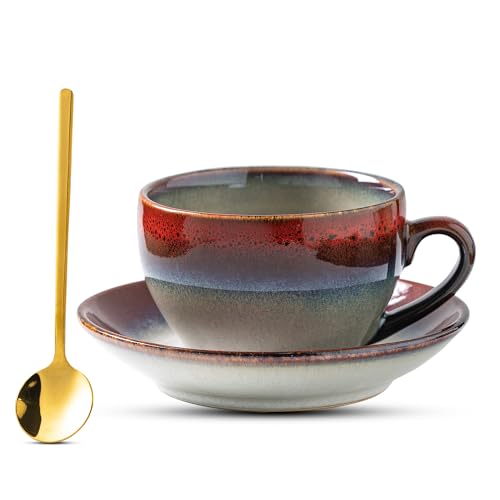 Porcelain Coffee Cup with Saucer Spoon Set, Vintage Design Ceramic Latte Art Cappuccino Barista Espresso Tea Cup with Saucer (10 oz, Ink red) - color: Ink Red