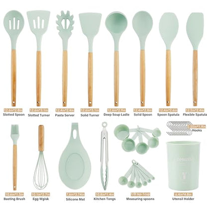 QMVESS Silicone Kitchen Utensils Set, 35 Pcs Non-Stick Cooking Utensils Set, Sturdy Insulation Wooden Handle Kitchen Accessories for Cooking with Spatula Set and Spoons Set Gadgets (Light Green) - color: Light Green