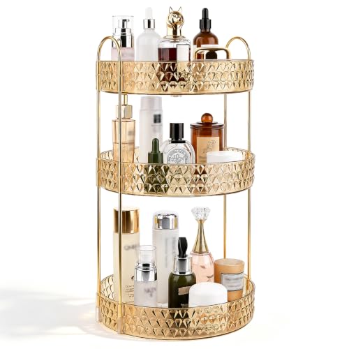 Large Capacity Rotating Makeup Organizer Perfume Stand Holder, 3 Tier Gold | Skincare Storage for Dresser 360° Spinning Bathroom Counter Organizer for Vanity Lazy Susan Turntable - color: Gold, size: 3 Tier (Standard)