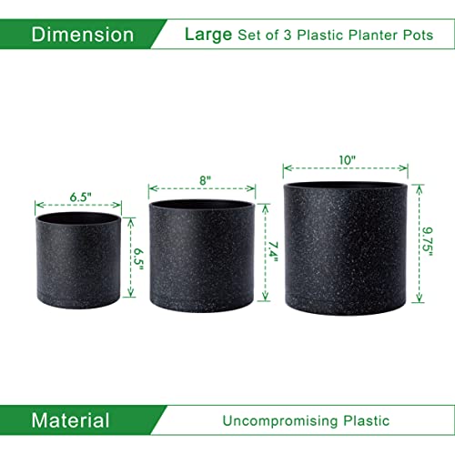 D'vine Dev 3-Pack Plastic Pots, 6.5/8/10 in, Speckled Black, 74-V-F-4 | Multi-Size Options, Lightweight Durable, Matte Finish, Cylinder Shape, Drainage Holes, Sleek Design, Detachable Saucer - color: Speckled Black, size: Large