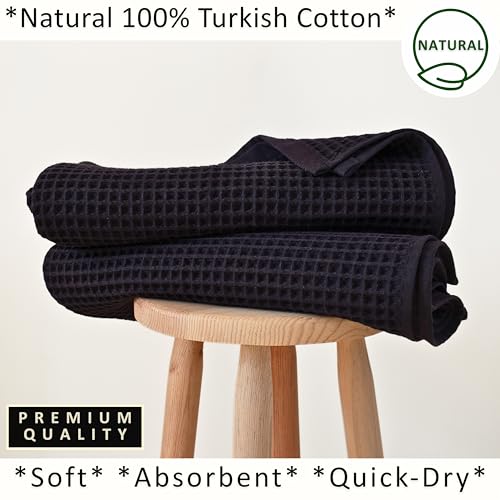 PÜSKÜL 2-Piece Natural 100% Turkish Cotton Waffle Bath Towels Extra-Large | Black, 32x63" Bath Sheet Towel, Light Soft Absorbent Quick-Dry Lint-Free Premium Honeycomb Weave Oeko-Tex Made in Turkiye - color: Black