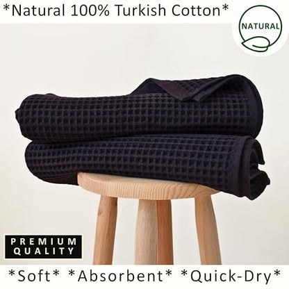 PÜSKÜL 2-Piece Natural 100% Turkish Cotton Waffle Bath Towels Extra-Large | Black, 32x63" Bath Sheet Towel, Light Soft Absorbent Quick-Dry Lint-Free Premium Honeycomb Weave Oeko-Tex Made in Turkiye - color: Black