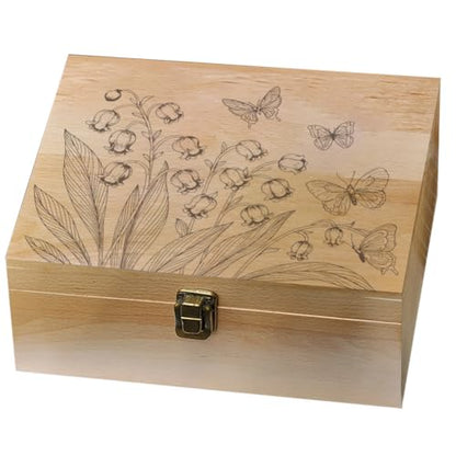 arricraft 1 Pc Wooden Memory Keepsake Box, Lily of the Valley Butterflies Pattern Decorative Wooden Memory Box with Hinge Lids for Anniversary Photos DVDs Letters Jewelry 24.5x19.5x10.3cm