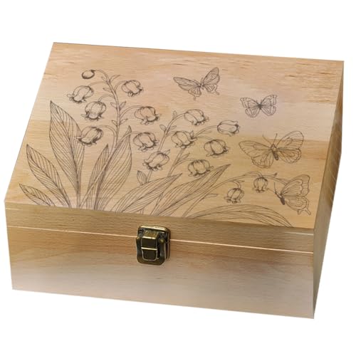 arricraft 1 Pc Wooden Memory Keepsake Box, Lily of the Valley Butterflies Pattern Decorative Wooden Memory Box with Hinge Lids for Anniversary Photos DVDs Letters Jewelry 24.5x19.5x10.3cm