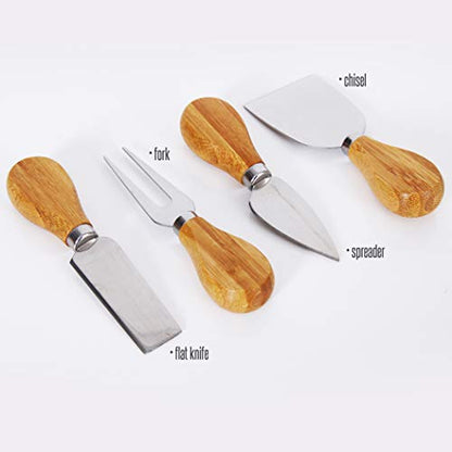 NutriChef Bamboo Cheese Cutting Board Set - Flat Wood Rectangle Serving Platter Plate Kit for Fruit and Meat w/Closing Drawer Tray, 4 Stainless Steel Knives, Bonus Condiment Cup - NutriChef AZPKCZBD10