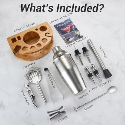 Cocktail Shaker Set Bartender Kit with Stand, 12 Piece Drink Mixer Set with Stainless Steel Bar Accessories Tools: 25oz Martini Shaker Jigger Strainer Spoon Muddler for Cocktails (Silver) - color: Silver