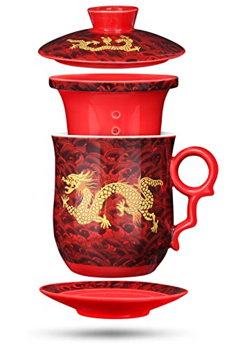 Chinese Tea Cup with Lid, Dragon Pattern, Red, 11.8 fl oz (350ml) | Ceramic tea mug with infuser and lid, dragon tea cup design, matching saucer, removable strainer, for loose-leaf brewing - color: Red