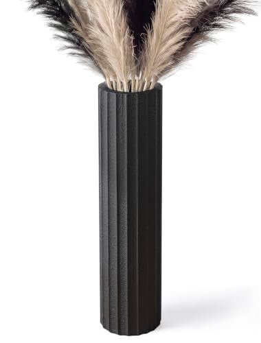 Hanobe Matte Black Tall Floor Vase, 21.5 Inch Ribbed Stone Texture | Wood core resists tipping, fits faux branches & dried flowers, for living room, entryway, fireplace decor, dry use only. - color: Black