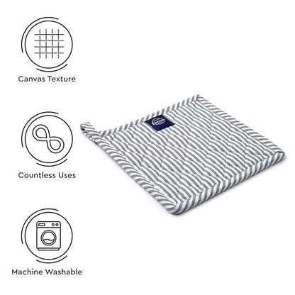 Encasa XO Pot Holders, Quilted Kitchen Hot Pads 8"x8" Ticking Navy Blue | 100% Eco-Friendly Cotton | Thick Cotton Padding Insulation | Convenient Hanging Loop | Set of 2 - color: Ticking Navy Blue