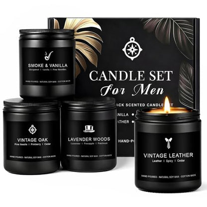Scentes Candles Set for Men, 4 Pack Mens Masculine Soy Candles, Leather, Smoke, Oak & Lavender Scents, Aromatherapy Candle Gift Set for Dad, Husband, Boyfriend, Birthday, Him - size: 4 Pack