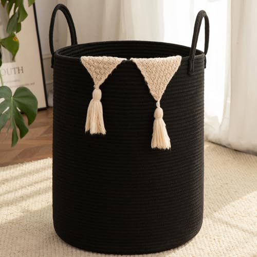 OIAHOMY Large Laundry Basket Hamper - 80L Cotton Rope Woven Basket for Blankets, Toys, Clothes - Tall Decorative Nursery Hamper with Long Handles, Black - color: Black, size: 80L
