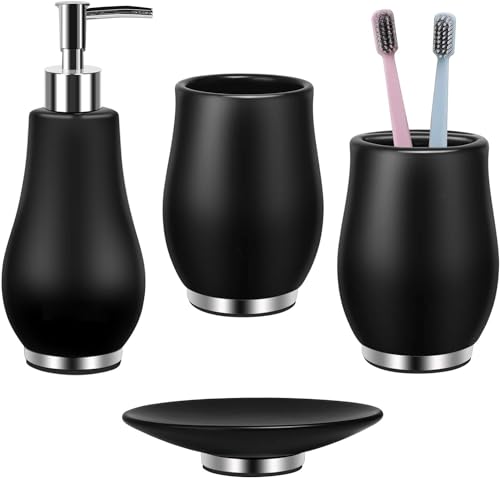 RQYIXI Ceramic 4-Piece Bathroom Accessories Set, Black, Tulip Design | tulip-inspired curved design with stainless steel base modern countertop organization - color: Black, size: Tulip-4-Piece