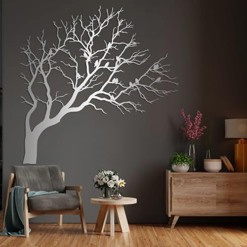Birds on Tree Branch Metal Wall Art – Nature Wall Hanging for Living Room, Bedroom, Office, Farmhouse, Rustic Modern Home Decor (Silver, 39"x39"|100x100cm) - color: Silver, size: 39L"x39W"