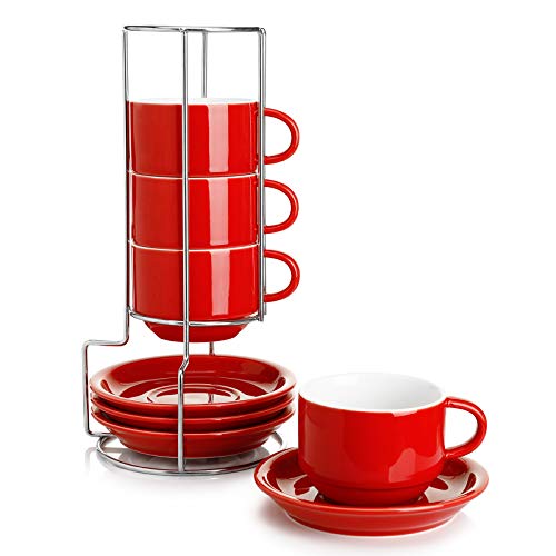 Sweese 8 Ounce Porcelain Stackable Cappuccino Cups with Saucers and Metal Stand - for Specialty Coffee Drinks, Cappuccino, Latte, Americano and Tea - Set of 4, Red - color: Red, size: 8 Ounces