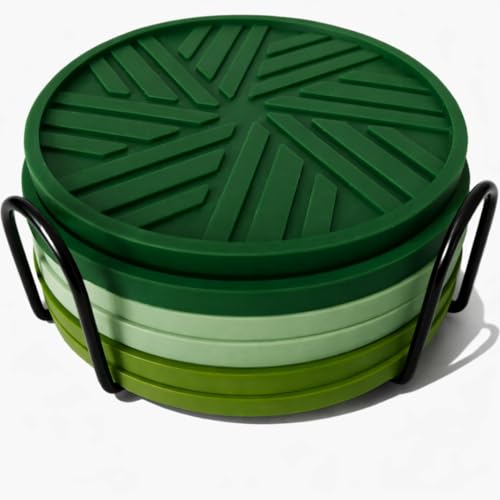 Silicone Coasters Set of 6 with Modern Patterns for Coffee Table Decor - Dark Green Sage - color: Adventure