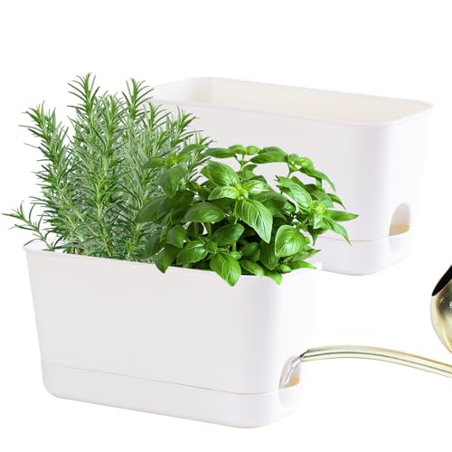 Self Watering Planters: 2 Packs Rectangular Plant Pots with with Drainage and Tray, 10 Inch Window Pot Self Watering Planter for Herb, Houseplants - size: 10 inch 2 Pcs