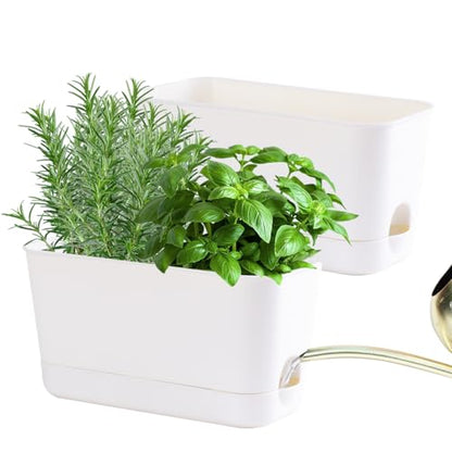 Self Watering Planters: 2 Packs Rectangular Plant Pots with with Drainage and Tray, 10 Inch Window Pot Self Watering Planter for Herb, Houseplants - size: 10 inch 2 Pcs