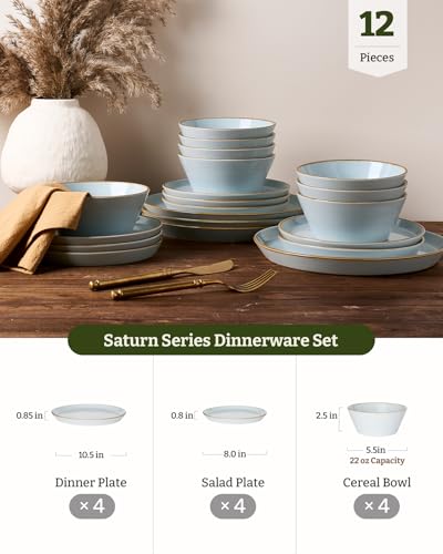 Famiware Saturn Dinnerware Sets, Ceramic Dishes for 4, Rimmed Plates, Bowls | Light Blue, 12-Piece Microwave and Dishwasher Safe Stoneware, Chip & Scratch Resistant, Modern Rustic Tableware, Everyday Use - color: Light Blue, size: 12