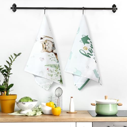Cute Cat Tea Towels, 100% Cotton Kitchen Towels, Set of 2 | 18.9 x 27.5 in / 48 x 70 cm, Lightweight Woven Dish Cloth, Cat Lover Gifts, Kitchen Decor, Housewarming Gift - color: Cat