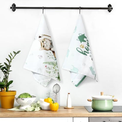 Cute Cat Tea Towels, 100% Cotton Kitchen Towels, Set of 2 | 18.9 x 27.5 in / 48 x 70 cm, Lightweight Woven Dish Cloth, Cat Lover Gifts, Kitchen Decor, Housewarming Gift - color: Cat
