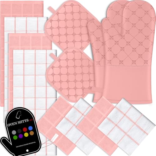 Oven Mitts Kitchen Towels Dishcloths with Pot Holders Sets 12PCS, Dish Towels Sets, Oven Gloves Pot Pads Heat Resistant 500 Degrees with Non-Slip Silicone Surface for Cooking Baking Grilling-Pink - color: Pink