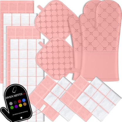 Oven Mitts Kitchen Towels Dishcloths with Pot Holders Sets 12PCS, Dish Towels Sets, Oven Gloves Pot Pads Heat Resistant 500 Degrees with Non-Slip Silicone Surface for Cooking Baking Grilling-Pink - color: Pink
