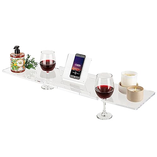 34" Supreme Plus- Luxury Bathtub Tray Caddy- 3/8" Thick, Clear Bath Tub Tray Table for 1 or 2 Bathers, Acrylic Bathtub Caddy, iPad and 2 Wine Glass Holders (Supreme Plus, 34") - size: 34" x 9" x 1.5"