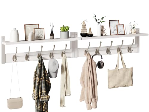 YMYNY 47.2" Coat Rack Wall Mount with Shelf and 10 Hooks, White UHWS004W-2 | 2 Pack Coat Hooks Wall Mount, Wood Wall Mounted Coat Rack with Hooks, Coat Hanger Wall Mount, Wall Hooks for Hanging - color: White