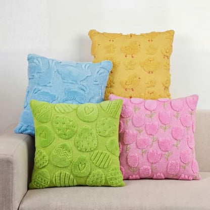Tiamon 4 Pcs Easter Throw Pillow Covers 18 x 18 Inch 3D Embroidered Plush Easter Egg Bunny Chick Tulip Pillow Cases Colorful Fluffy Faux Fur Cushion Covers Gifts for Spring Party Sofa Couch Birthday - style: Easter