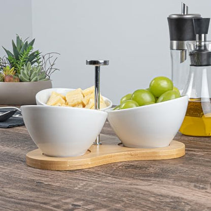 Restaurantware-15 Ounce Bowl Set with Tray - 1 Dishwashable Serving Set, Includes 3 Porcelain Bowls And 1 Bamboo Tray, Durable, White Porcelain And Bamboo Bowl And Platter Kit, Reusable, Freezable - size: Triple set, style: Incline