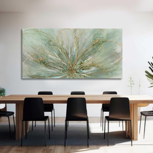 YJYart Abstract Wall Art Green and Gold Hand Painted Oil Painting Blossom Botanical Large Picture for Living Room Bedroom Kitchen Office 30x60 Inch - color: Green, size: 58"L x 29"W