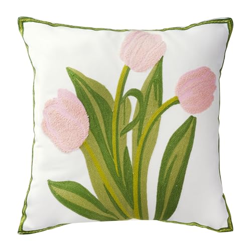 Embroidered Boho Floral Pillow Covers 18x18 Pink | Linen, Spring, Decorative Throw Pillow Cases, for Living Room, Couch, Sofa, Bed, Home Decor - color: Pink