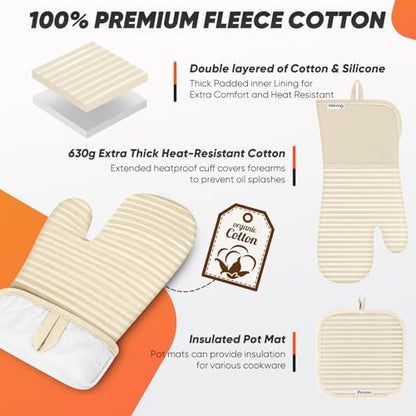 Oven Mitts Kitchen Towels and Dishcloths with Pot Holders Sets, Oven Gloves Hot Pads 500°F Heat Resistant with Silicone Grip, Include 2 Cooking Gloves/2 Potholders/4 Kitchen Towels/4 Dish Towels - color: Milkshake