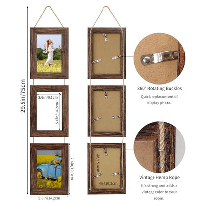 4x6 Collage Picture Frames Set of 2, Rustic Wooden Real Glass Vertical Hanging 3 Opening 4 by 6 Photo Frame, Distressed Brown - color: Distressed Brown, size: Vertical-4x6 in