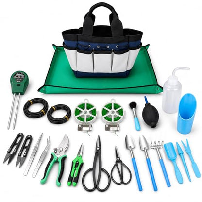 25 Pcs Succulent & Bonsai Tools Set for Beginners, Indoor Plant Care Tool Set with Repotting Mat, Organizer Tote, Soil Moisture Meter, Pruning Shears, Mini Garden Tools, Gardening Gift for Women Men