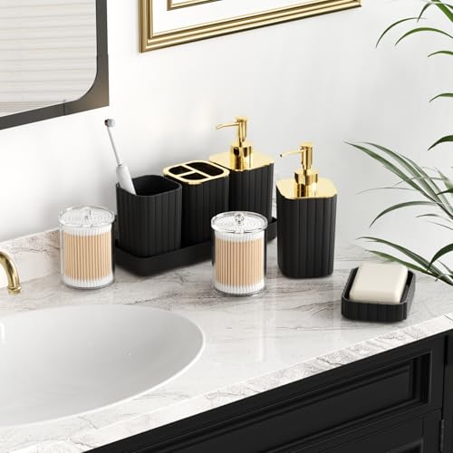 XLHOMO Bathroom Accessories Set - Gorgeous Black Bathroom Set, 10PC Bathroom Accessory Set, Toilet Brush, Trash Can, Qtip Holder & Soap Dispenser - size: Bath Set, style: Black&Gold