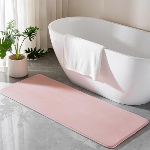 Pink Memory Foam Bath Mat Long 24x60 Bathroom Runner Rug Non Slip Washable | Soft Absorbent Microfiber Bathroom Carpet Thin Bathrug - color: Pink, size: 24" x 60" (Runner)