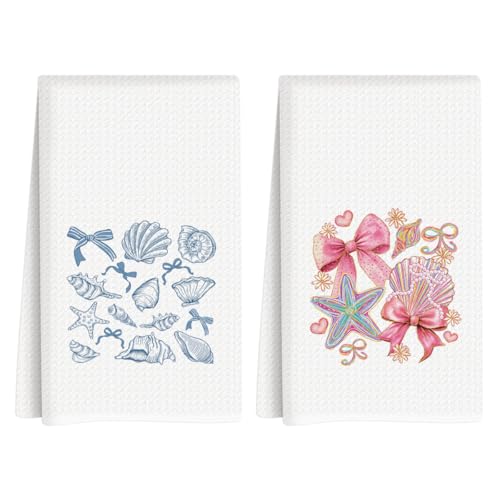 Summer Coastal Kitchen Towels, Summer Kitchen Bathroom Decor, Housewarming Gifts, Starfish Seashell Waffle Decorative Dish Hand Towel for Holiday Bathroom Home Bar Baking Set of 2 14x24 Inch - color: Starfish Seashell-1