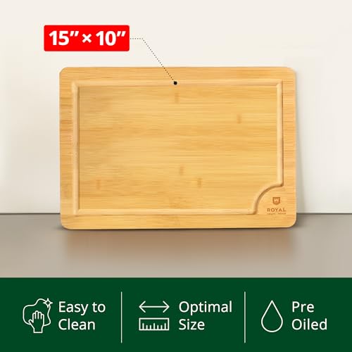 ROYAL CRAFT WOOD Bamboo Cutting Board with Juice Groove - Kitchen Chopping Board for Meat Cheese and Vegetables, Heavy Duty Serving Tray - color: Natural, size: 15"L x 10"W