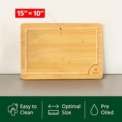 ROYAL CRAFT WOOD Bamboo Cutting Board with Juice Groove - Kitchen Chopping Board for Meat Cheese and Vegetables, Heavy Duty Serving Tray - color: Natural, size: 15"L x 10"W