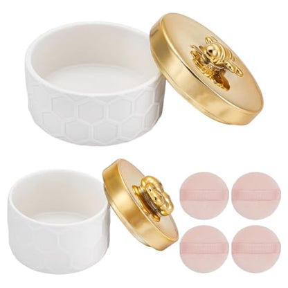 2 Pcs Jewelry Trinket Box, Ceramic Loose Dusting Cosmetic Storage Box with 4pcs Cosmetic Puffs Bee Lid Decorative Organizer for Women Jewelry Makeup Setting Applicator