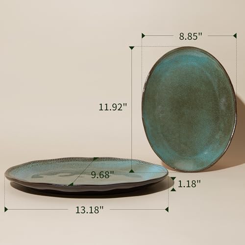Stoneware Serving Platters, Oval 13.18/11.92 inch Serving Dishes for Entertaining, Ceramic Serving Trays for Party, Fruit, Turkey, Cheese, Trays for Serving Food, Microwave Safe, Brown Green