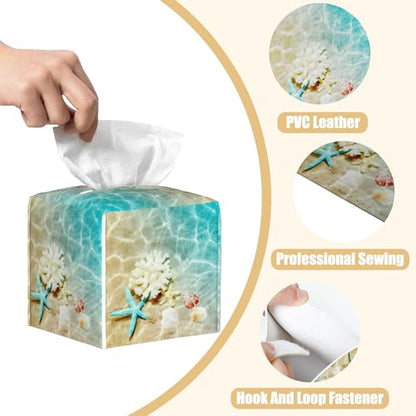 Summer Beach Leather Tissue Box Holder Starfish and Seashell Tissue Box Cover Facial Paper Case Organizer Cube Napkin Dispenser for Bathroom Vanity Countertop Night Stand Office Car - color: Starfish and Seashell