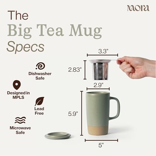 Mora Ceramics Large Tea Mug with Loose Leaf Infuser and Ceramic Lid, 18 oz, Portable, Microwave, Dishwasher Safe, Tall Coffee Cup - Rustic Matte Ceramic Glaze, Modern Herbal Tea Strainer, Thyme - color: Thyme