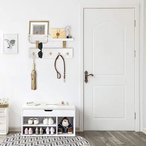 Tirzah Key Holder Wall Mount 2-Tier Real Wood White Entryway Organizer Floating Shelf with 5 Gold Metal Hooks, Sunglasses Holder Bar, Guard Rail for Keys, Mails, Hats (14" × 6" × 4")