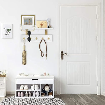Tirzah Key Holder Wall Mount 2-Tier Real Wood White Entryway Organizer Floating Shelf with 5 Gold Metal Hooks, Sunglasses Holder Bar, Guard Rail for Keys, Mails, Hats (14" × 6" × 4")