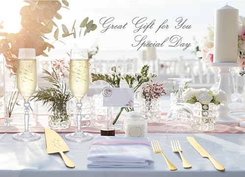 Wedding Cake Cutting Set with Forks, Crystal Champagne Flutes | Classical Style Toasting Glasses for Bride and Groom, Wedding Gifts for Couples, Engagement and Bridal Shower Gifts - color: Gold
