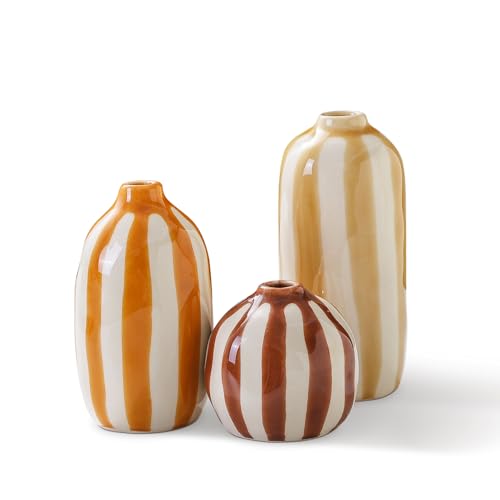 UniCasa Small Ceramic Vase Set of 3 for Pampas, Dried or Fresh Flowers | Small Vases for Mantel Bookshelf Tabletop Decor, Neutral Shining Finish for Modern Farmhouse Boho Vintage Home - color: Brown-orange Tones