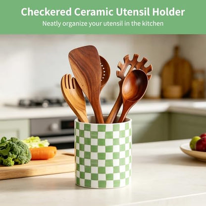 Green and White Checkered Utensil Holder, Painted Ceramic Kitchen Countertop Storage Jar with Sealed Lid, Kitchen Organizer for Spatulas & Coffee Beans, Long-Lasting & Easy Clean, Medium Size