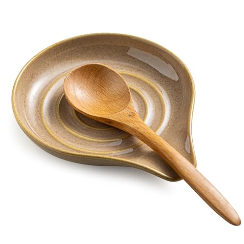 Spoon Holder, Porcelain Cooking Spoon Rest for Stove Top, Large Utensil Rest for Spoons, Ladles, Tongs, Spatula or Kitchen Counter Farmhouse Cooking, Coffee Bar Accessories, 5 Inches (Brown) | 5 Inches Large for Ladles, Spatula, Coffee Spoon, Tong | for K